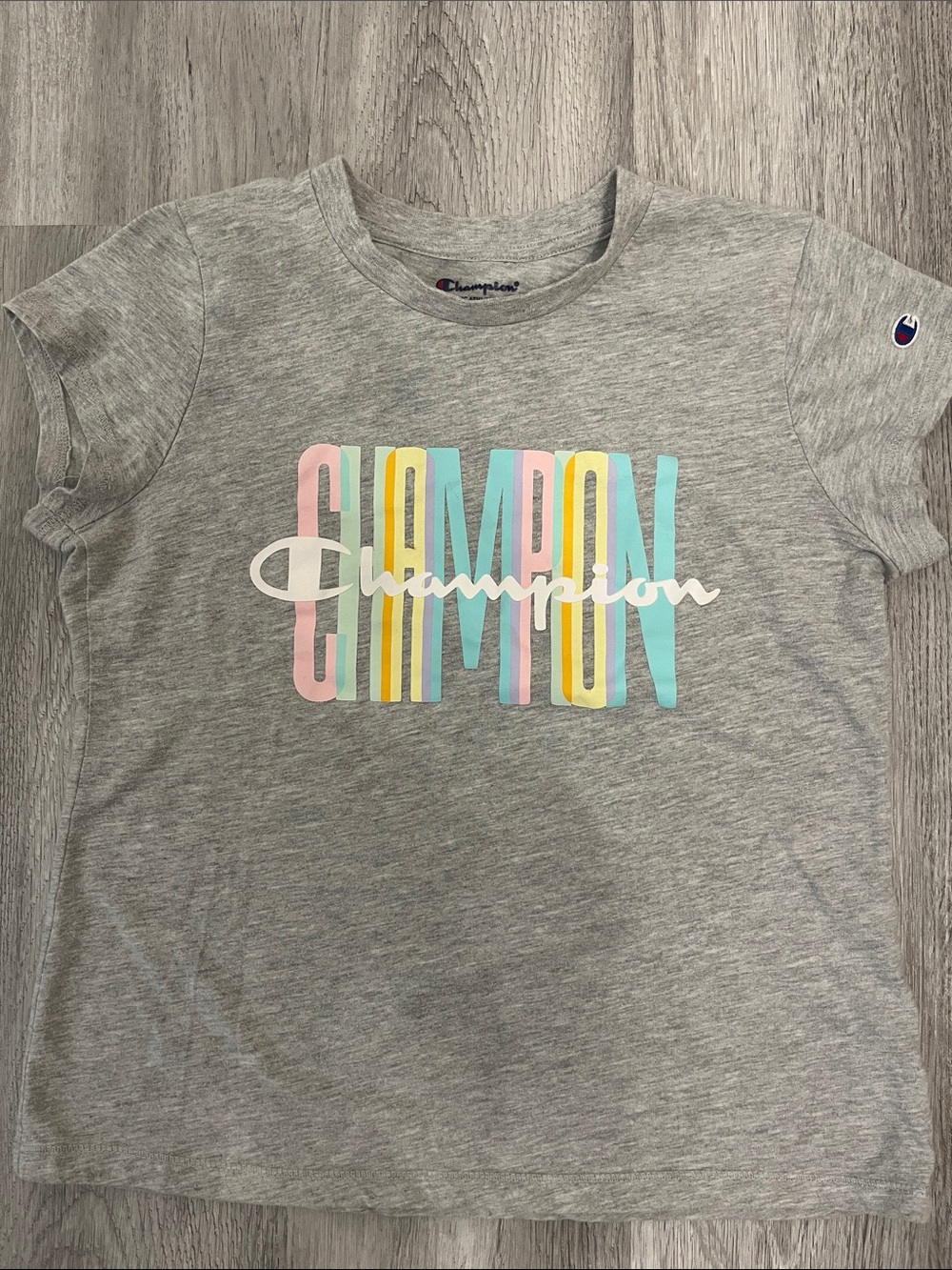 Champion Gray Tee with Pastel Multi-Color Logo